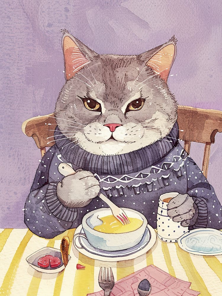 Grey Cat Having Breakfast Folk Illustration 6
