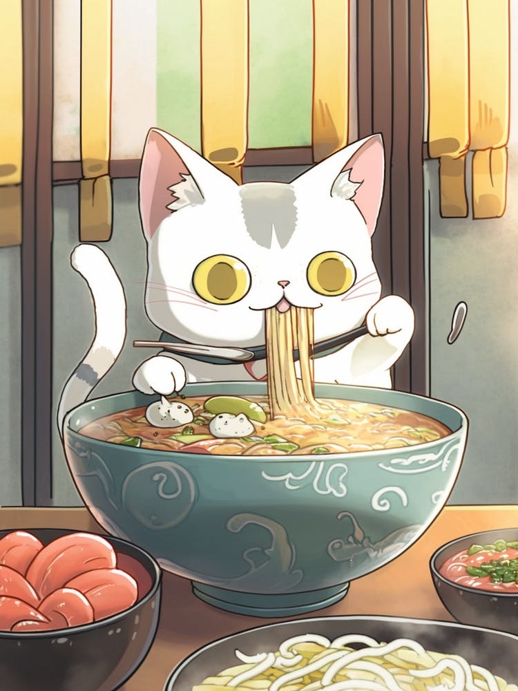 Cat Eating Ramen Kawaii Illustration2