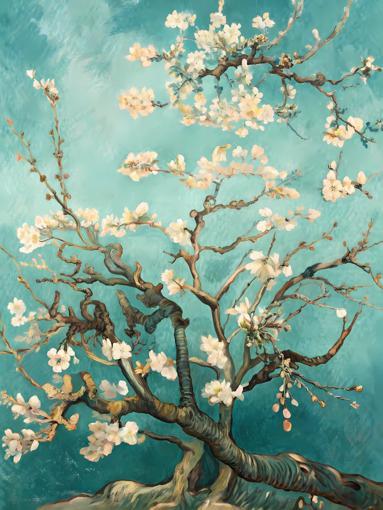 A Blooming Almond Tree with Delicate Branches Oil Painting Style