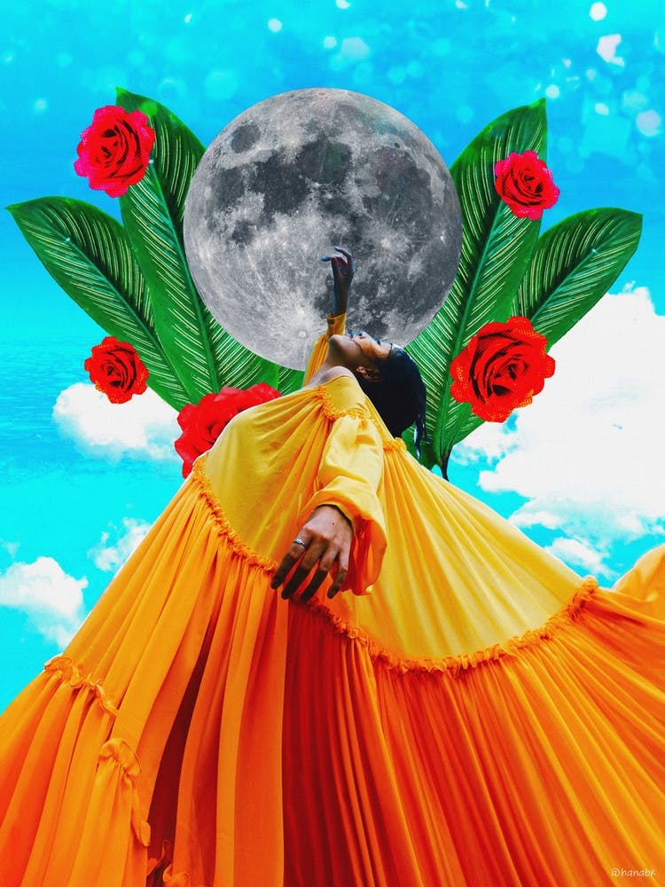 Tropical Moon Woman Collage Orange & Blue