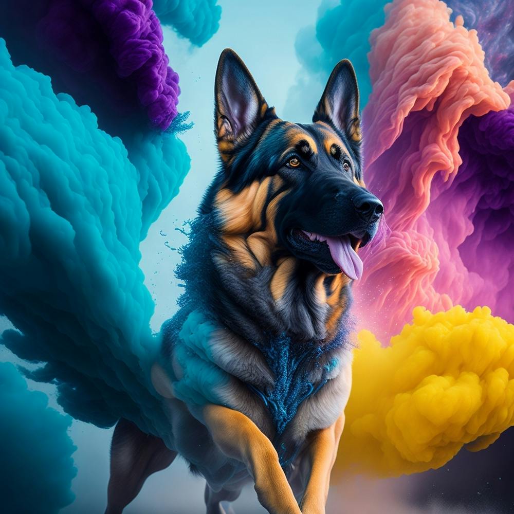 German Shepherd Dog Running Through Colorful Smoke