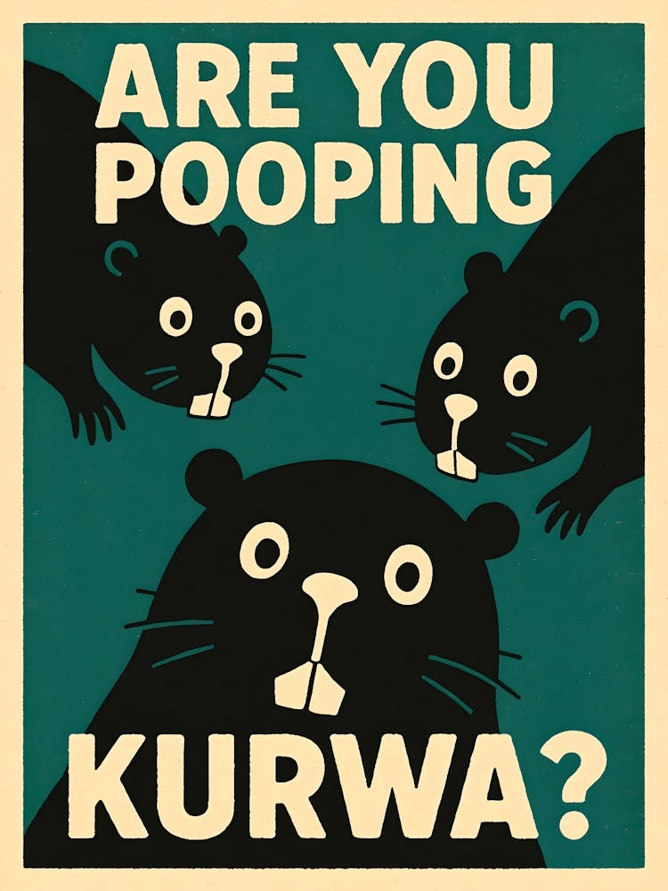 Pooping Bober Kurwa Meme – Polish Bathroom Poster: Meet Bober the beaver in full Polish meme mode — awkward, cute, and bathroom-bound. This vintage-style cartoon features poop humor, weird reactions, and classic “kurwa” energy. Perfect for fans of funny a