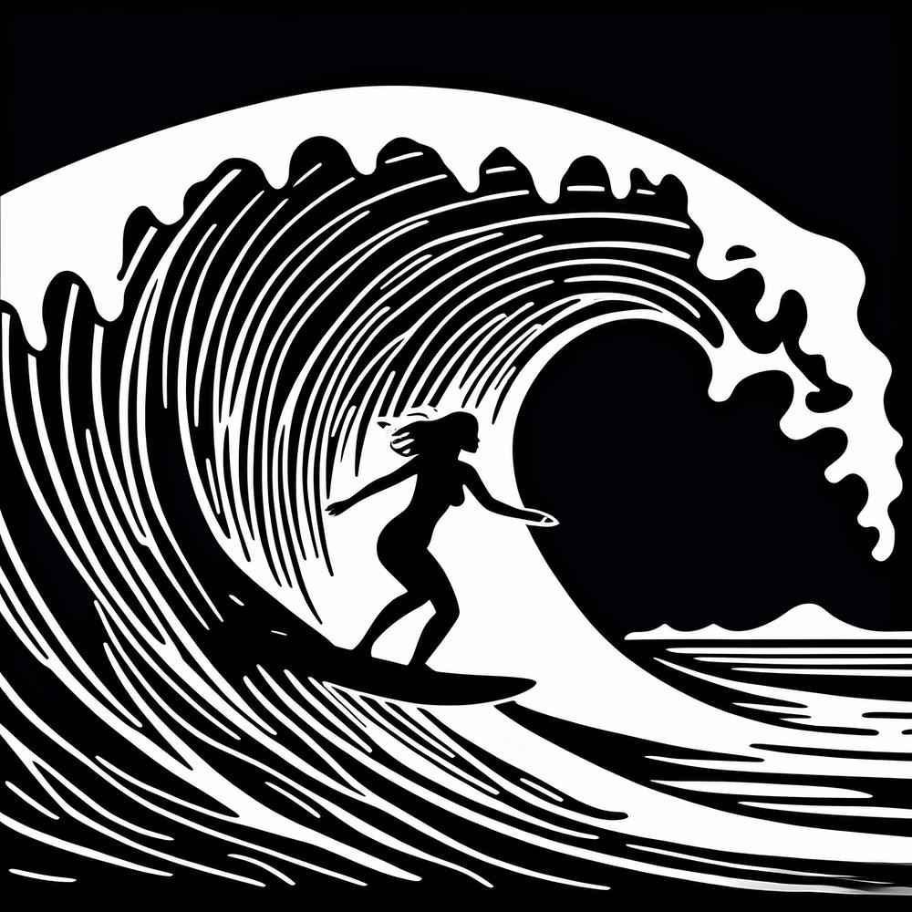 Linocut Black And White Surfer Girl On A Wave art, surfing art, 226