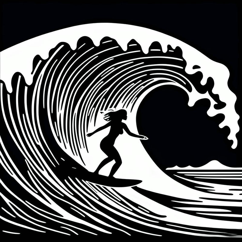 Linocut Black And White Surfer Girl On A Wave art, surfing art, 226