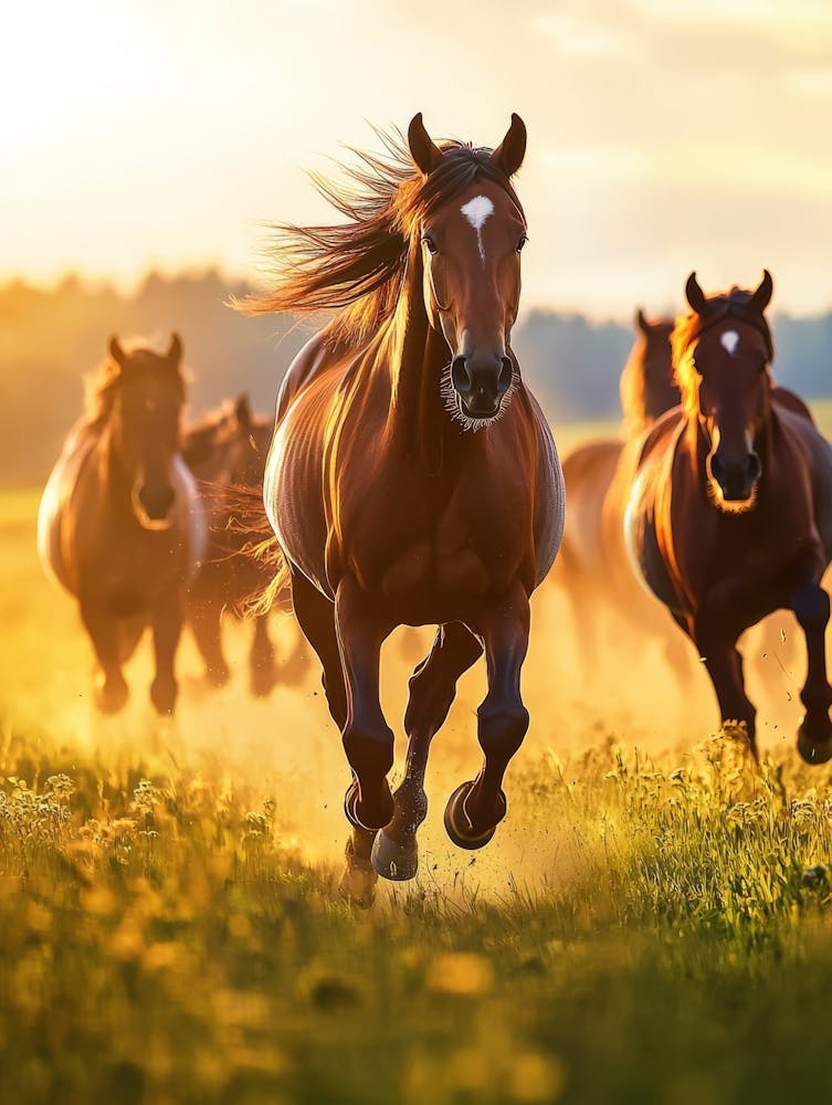 Horses Galloping At Sunset. Generated AI.