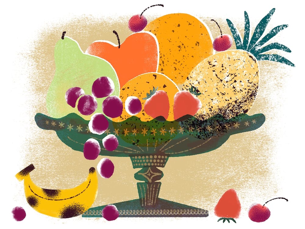 Fresh Fruits On A Vintage Glass Stand Food Still Life