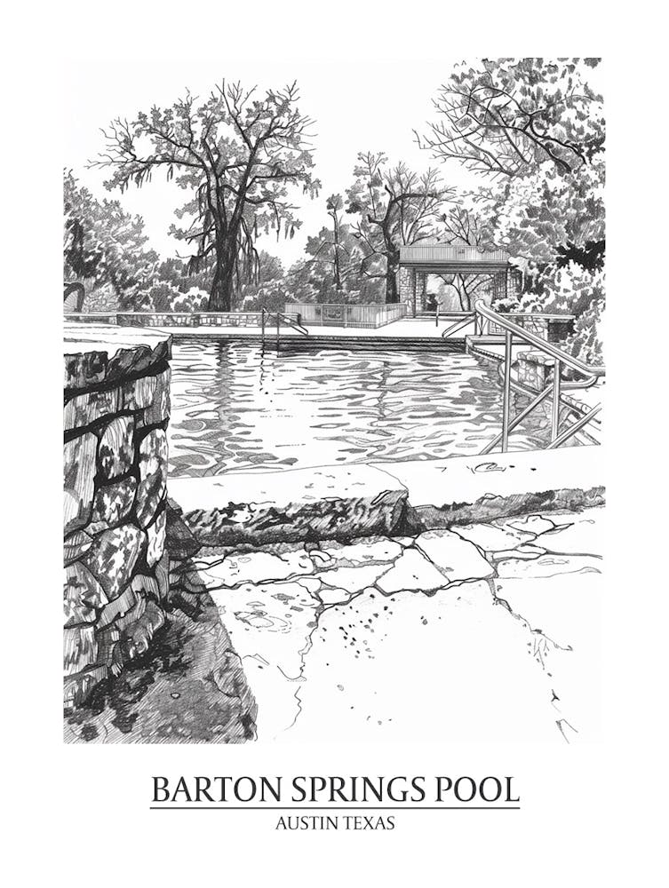 Barton Springs Pool Austin Texas Black And White Drawing 4 Poster