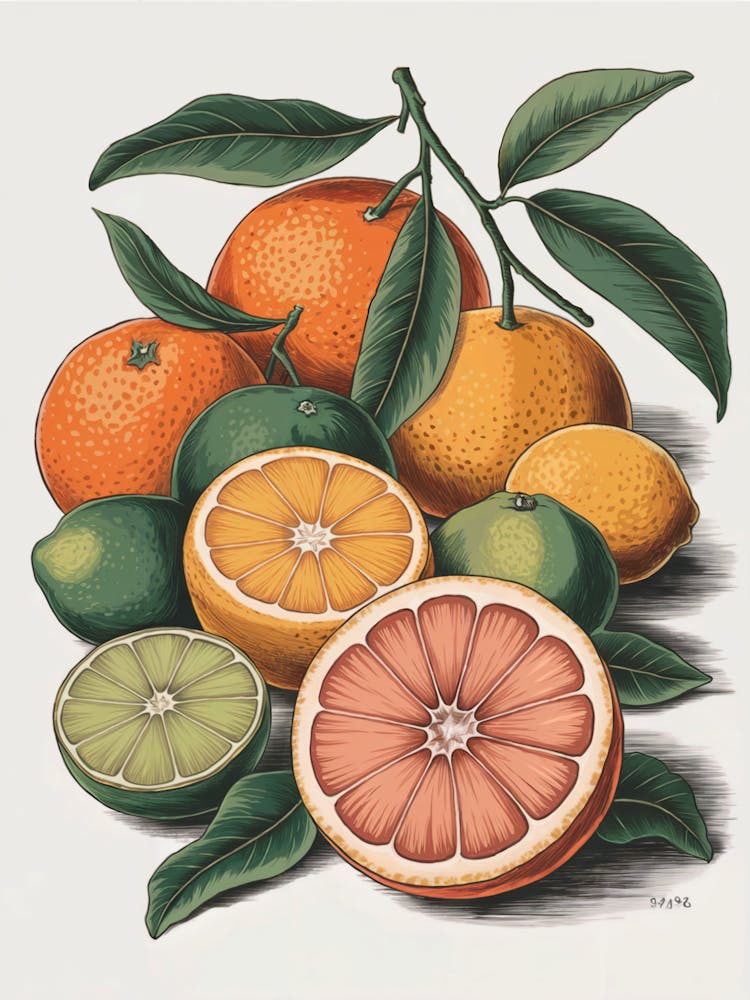 A Botanical Illustration Of Different Types of Citrus Fruits