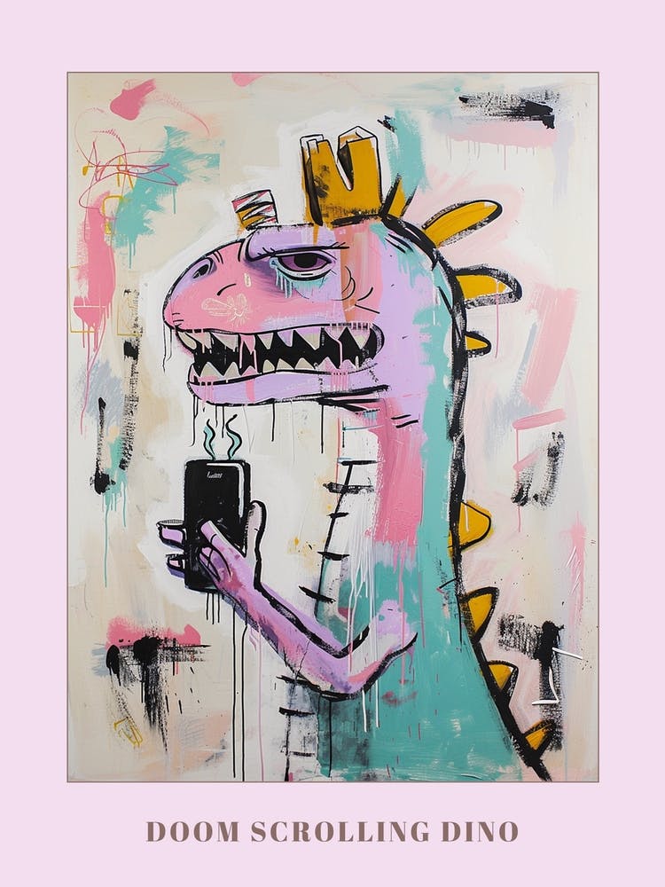 Dinosaur On A Smart Phone Pink Lilac Graffiti Style 1 Poster