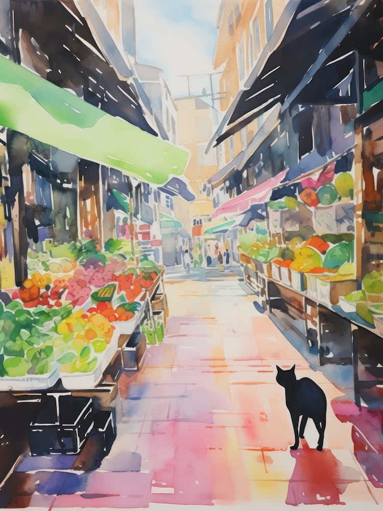 Food Market With Cats In Honolulu 1 Watercolour