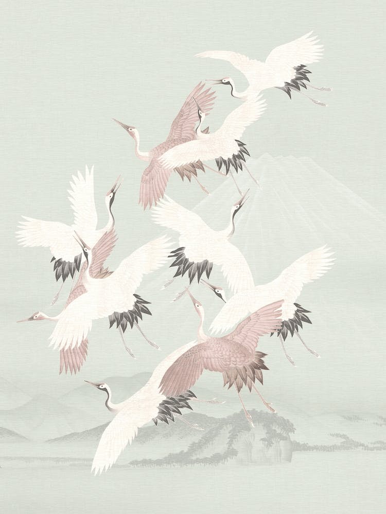 Vintage Japanese Egret Birds Flight Pastel Blue