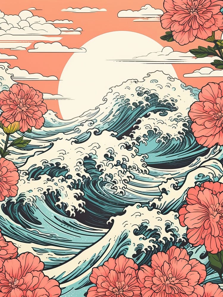 Great Wave With Cosmos Flower Drawing In The Style Of Ukiyo E 3