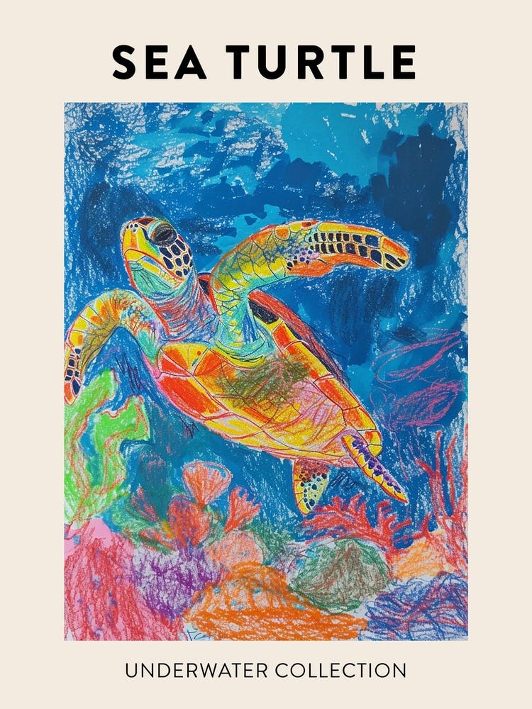 Sea Turtle Underwater Pencil Scribble Poster 3