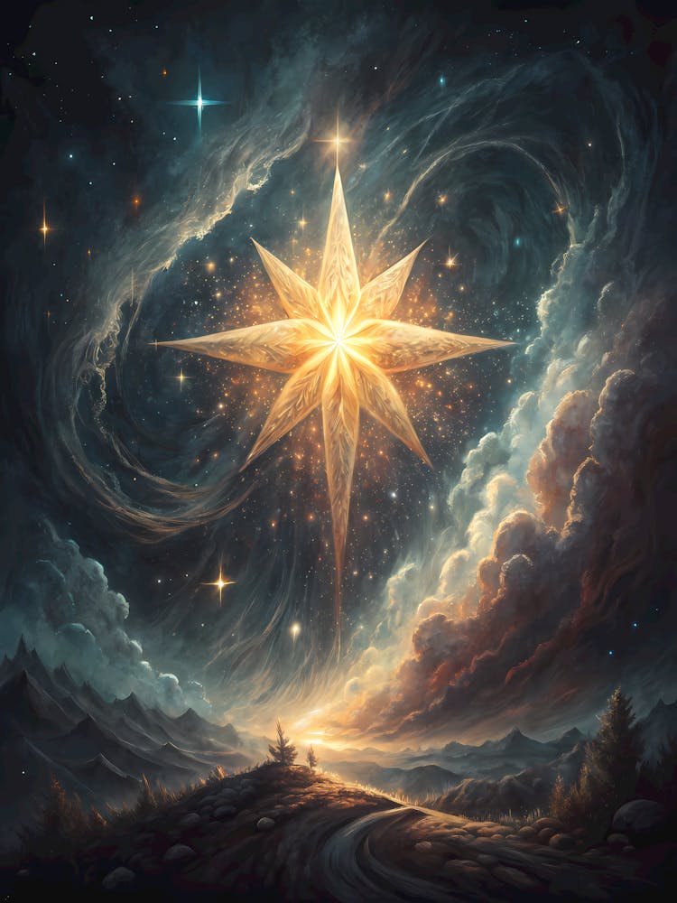 Radiant Starburst Celestial Landscape Oil Painting