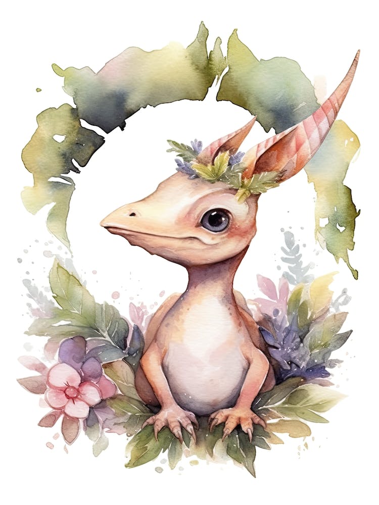 Pterodactyl With A Crown Of Flowers Cute Dinosaur Watercolour 1