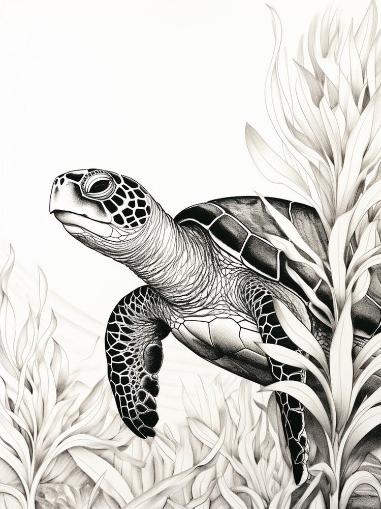 Curious Sea Turtle Swimming Behind Seaweed