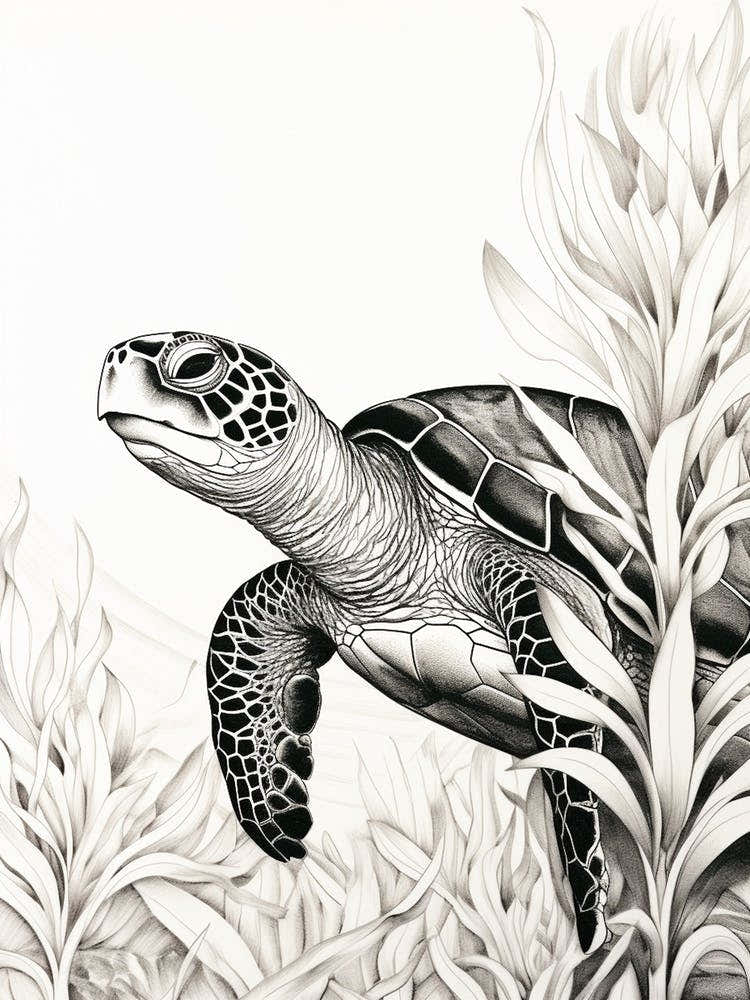 Curious Sea Turtle Swimming Behind Seaweed