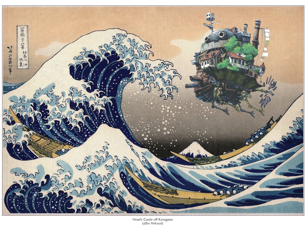 Howls Castle & Great Wave - Japanese Print - Studio Ghibli