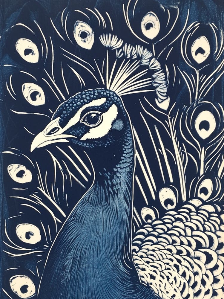 Blue Linocut Inspired Peacock Portrait 4