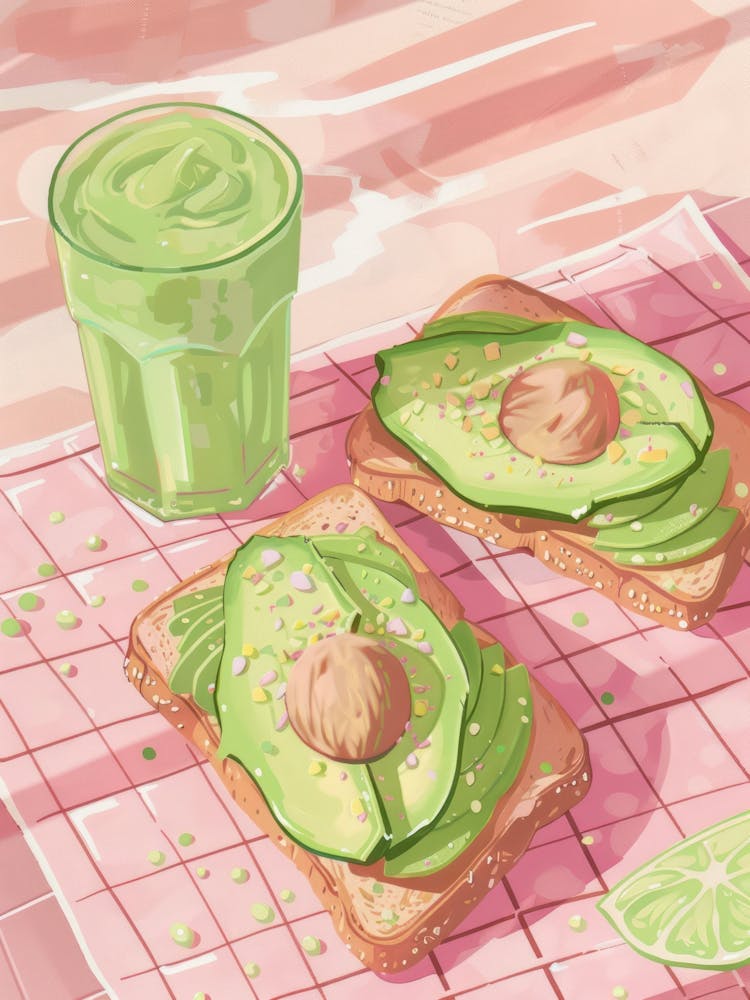 Pink Breakfast Food Avocado Toast And Smoothie 3