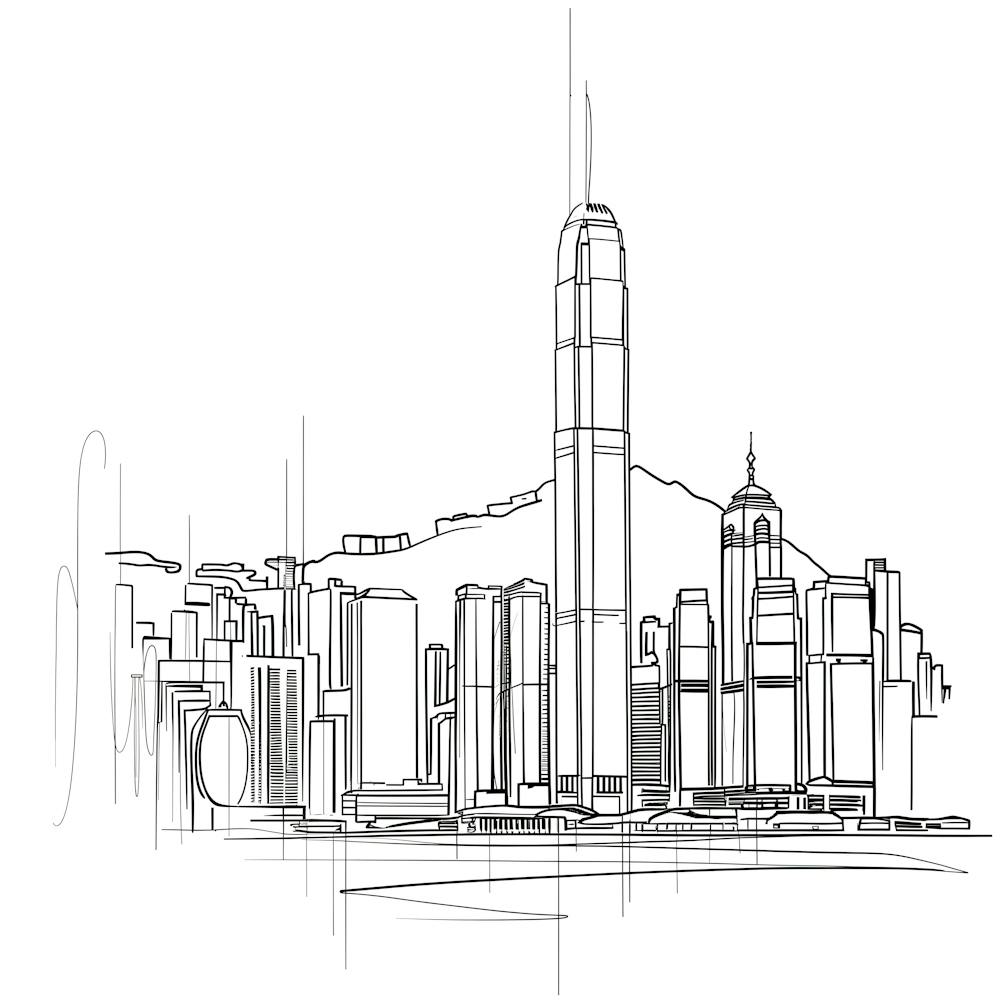 Hong Kong Skyline, minimalist, line art, black and white.