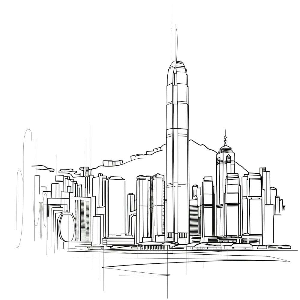 Hong Kong Skyline, minimalist, line art, black and white.