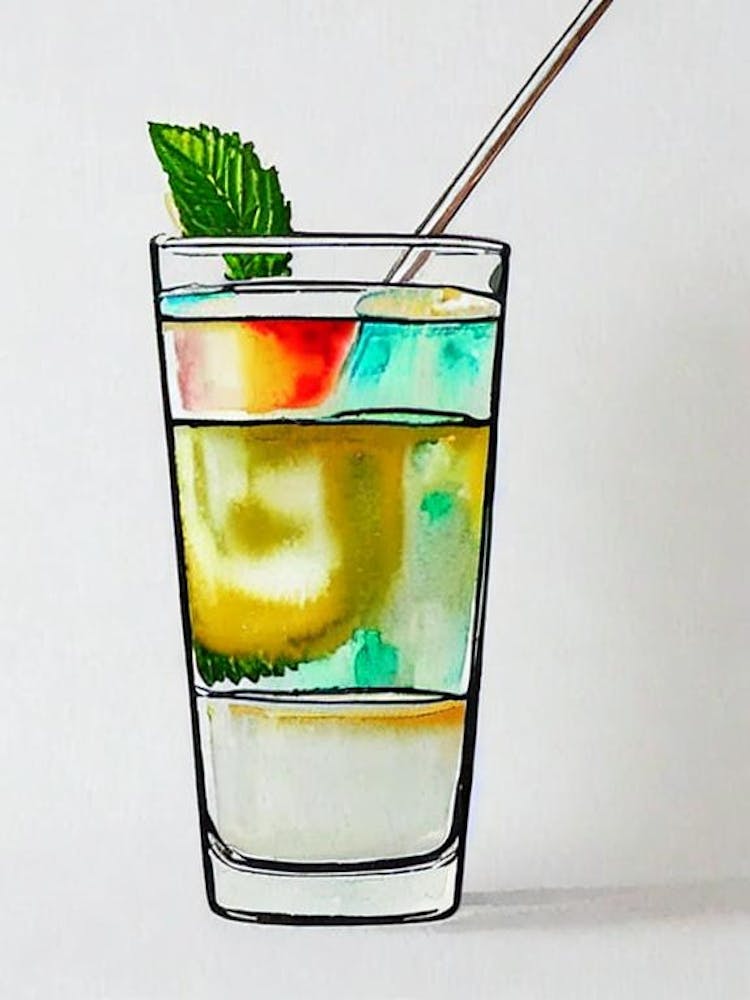 Mint Julep Minimal Line Drawing With Watercolour Cocktail Poster