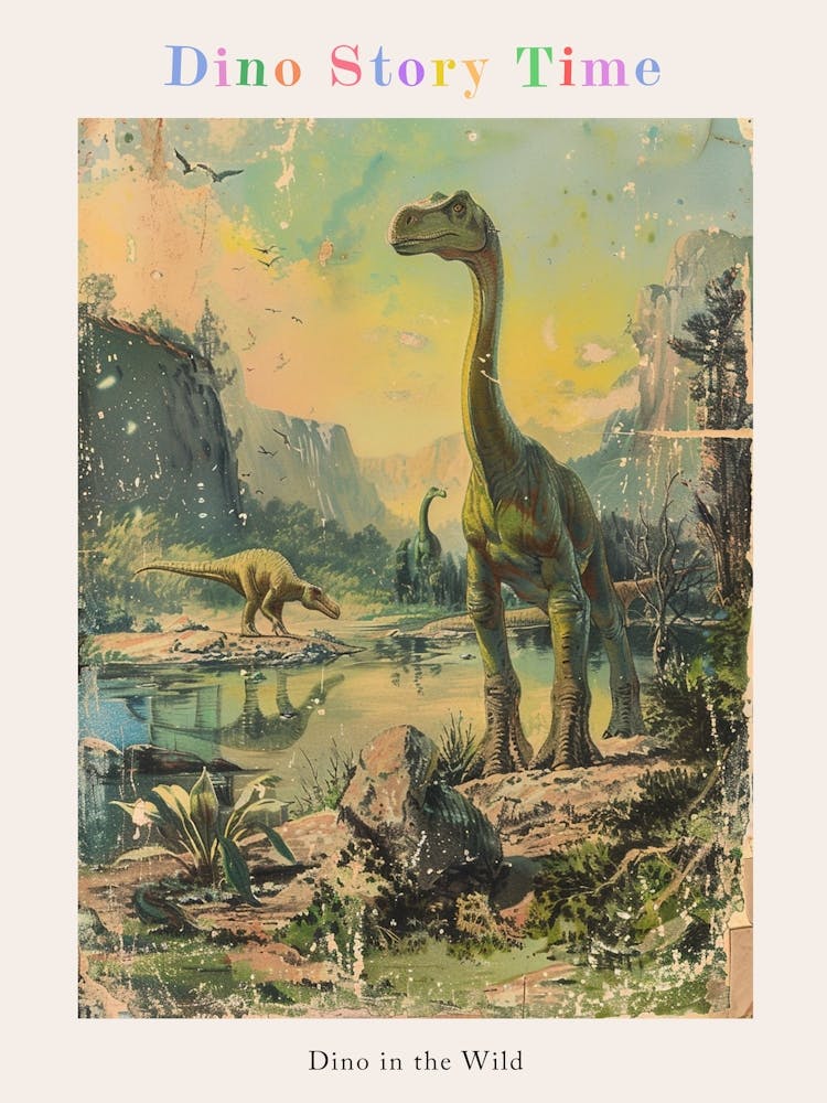 Dinosaurier in jurassischer Landschaft Vintage Illustration 2 Poster