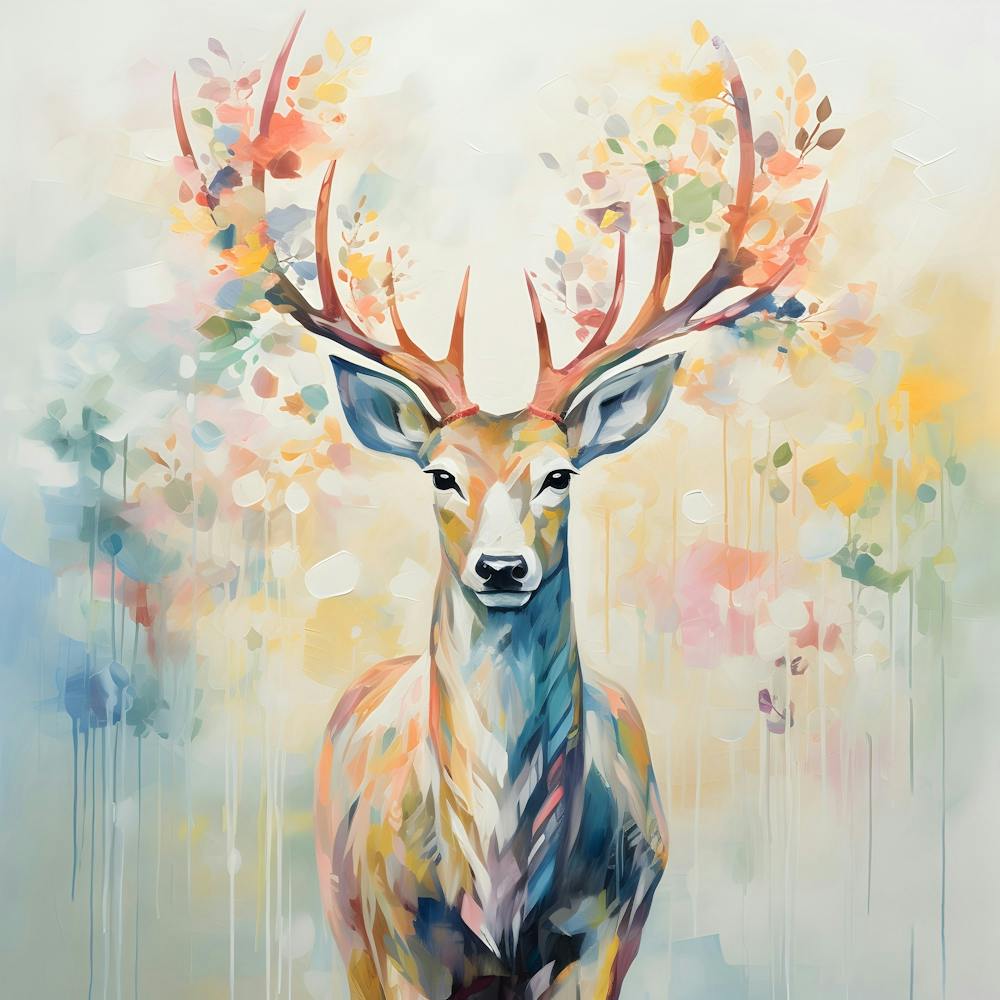 Rentier Hirsch Pastell Malerei mit Blumen