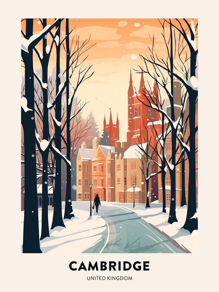 Vintage Winter Reiseplakat Cambridge Vereinigtes Königreich 1