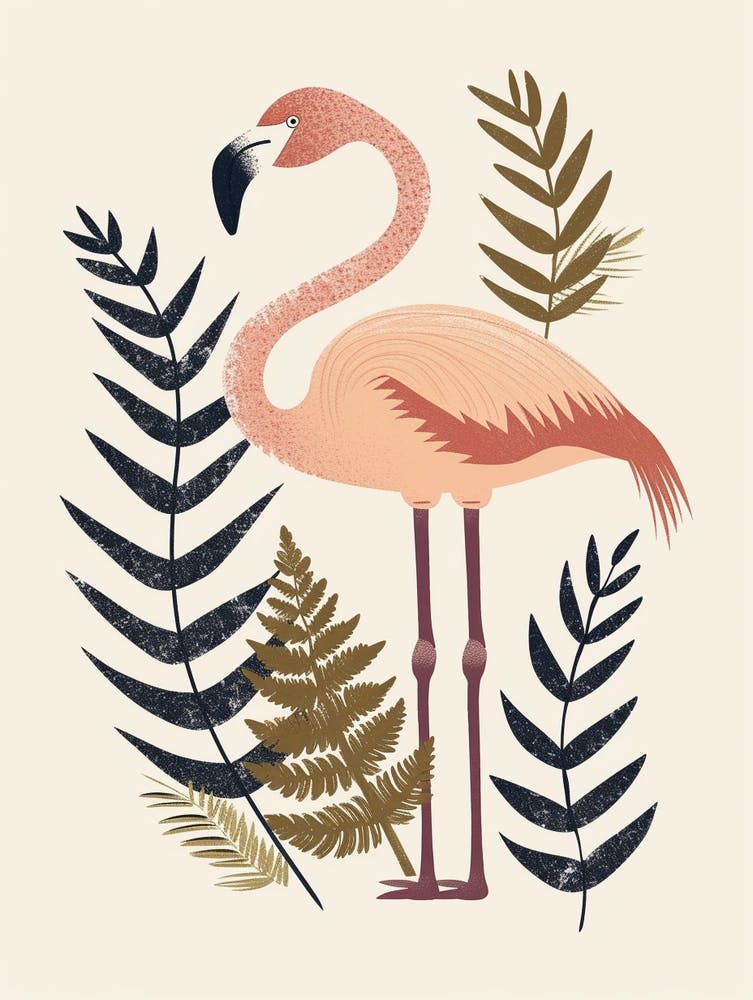 Lesser Flamingo And Ferns Minimalist Illustration 4