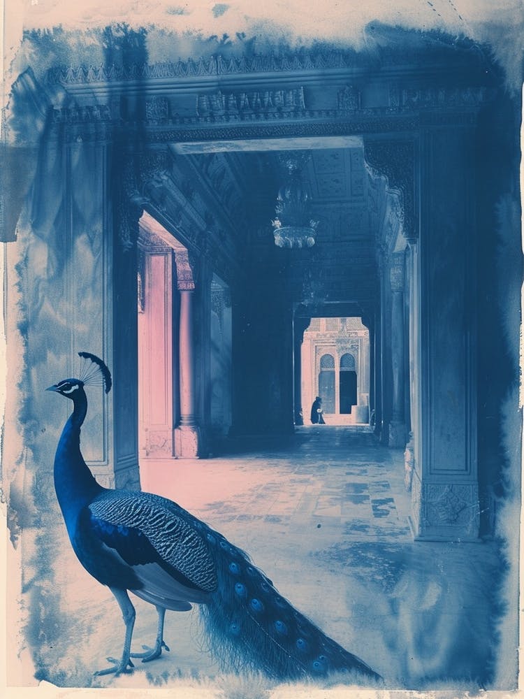 Blue Peacock In A Palace Cyanotype Inspired