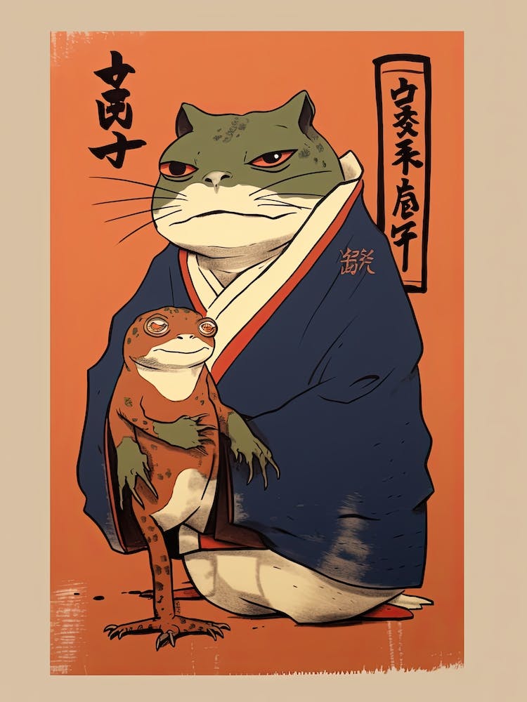 Frog And Cat, Matsumoto Hoji Inspired Japanese Woodblock 3