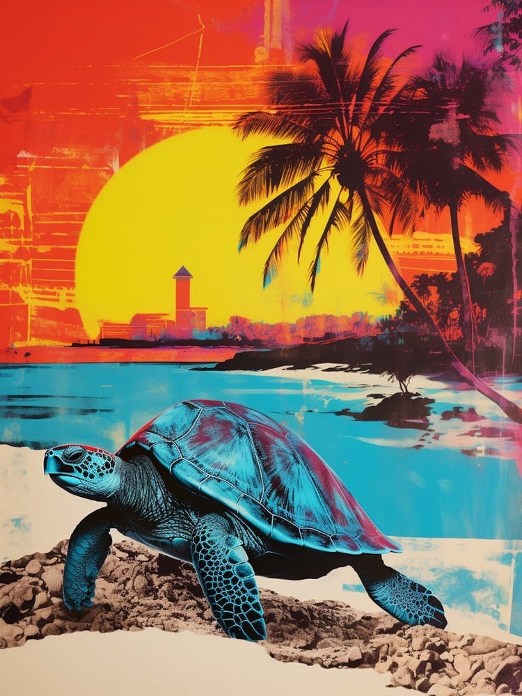 Sea Turtle On The Beach Risograph Inspired  2