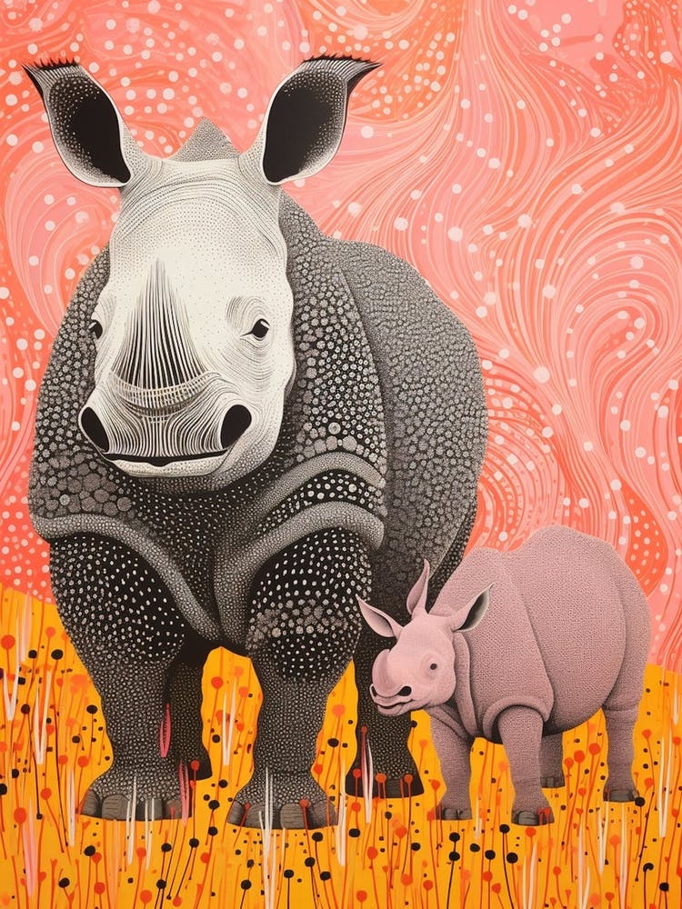 Two Abstract Pink & Orange Rhinos 3