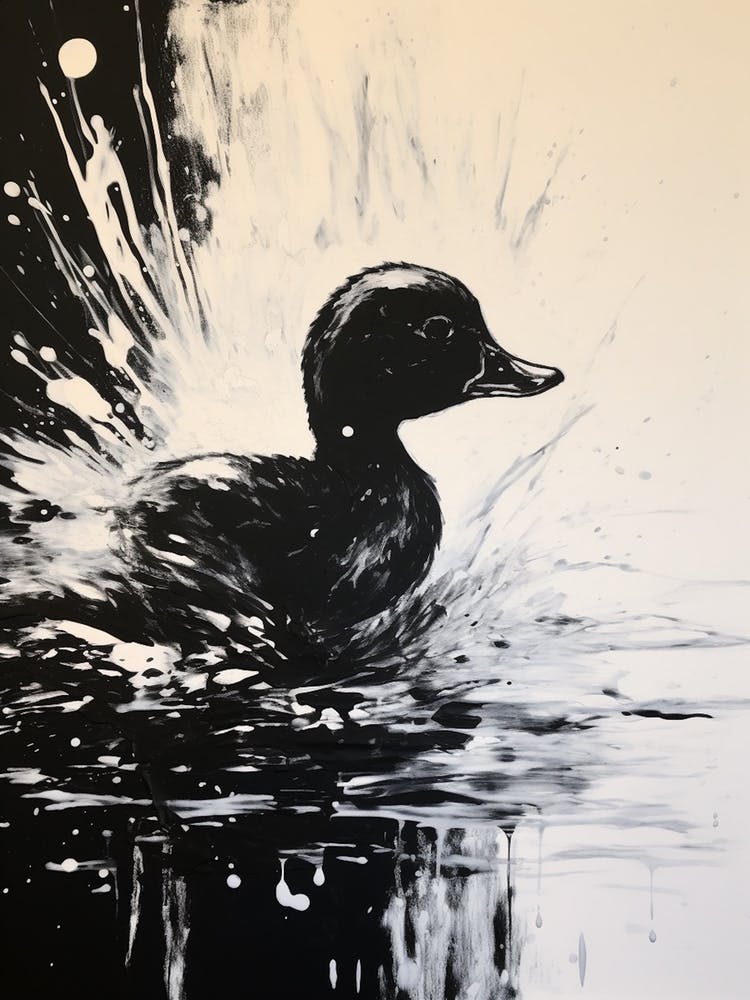 Black & White Painting Of Duckling Gliding Along The Pond 2
