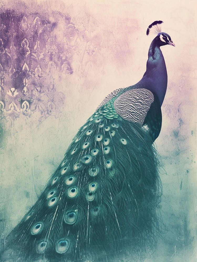 Turquoise Purple Vintage Photo Of A Peacock