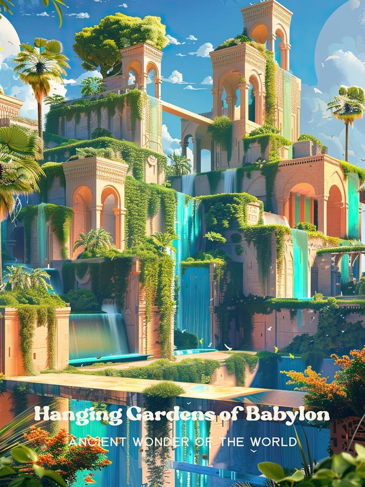 Hanging Gardens Of Babylon 7 Wonders Travel Illustration