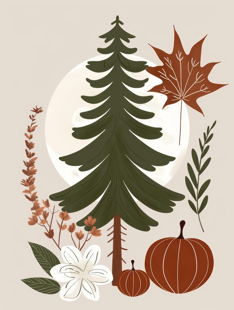 Autumn Leaves And Pine Tree