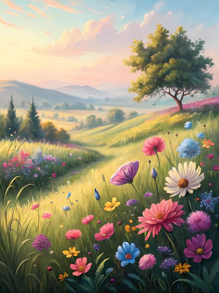 Digital Wallpaper Featuring Vibrant Flowers Oil Painting Style