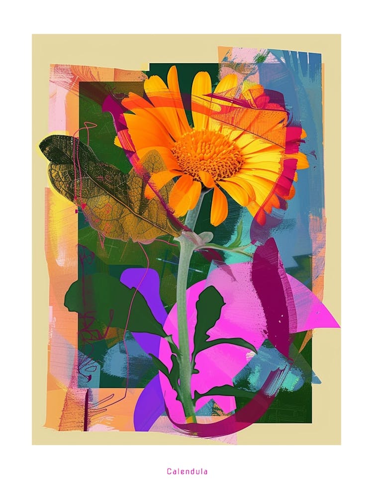Calendula 1 Neon Flower Collage Poster