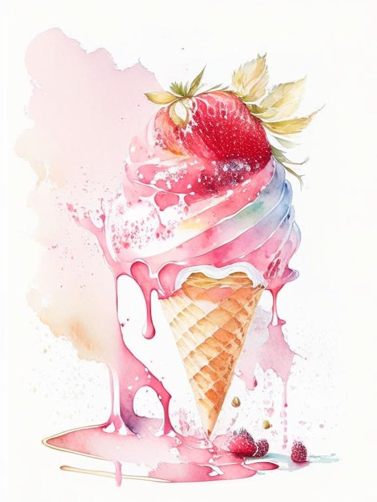 Strawberry Ice Cream, Dessert, Food Storybook Watercolours