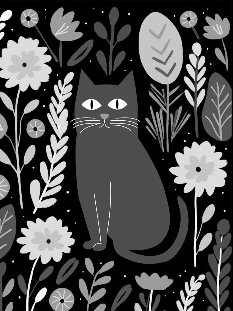 Black Cat In Flowers