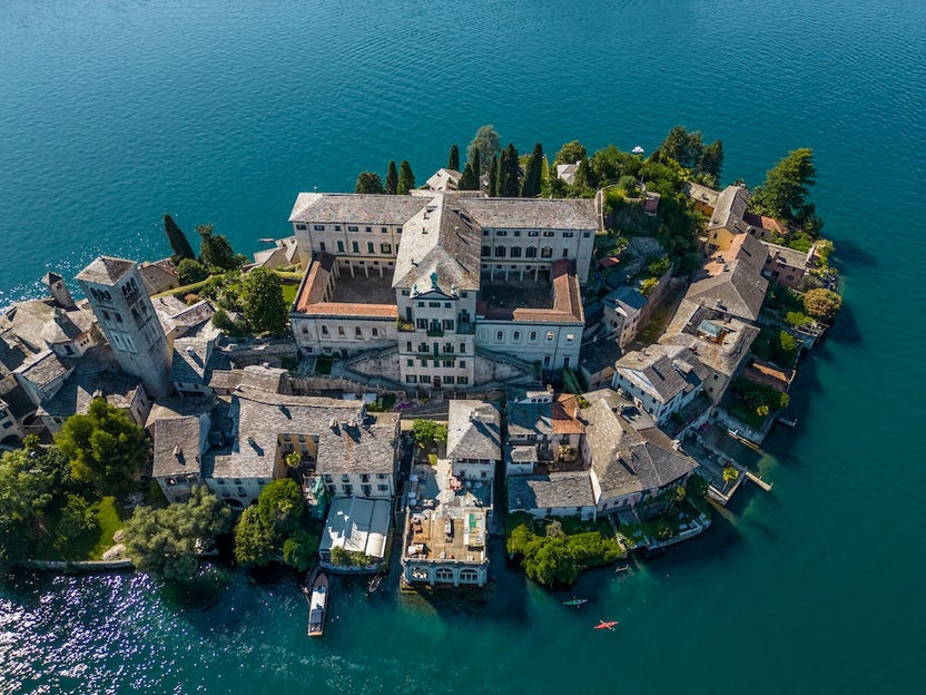 Summer drone shot.  San Giulia island in Italy.