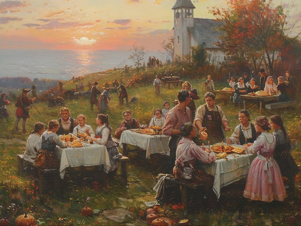 The First Thanksgiving, Artwork Wall Decor, Historical Home Decoration, Pilgrim Feast Picture, Canvas Print, History Painting
