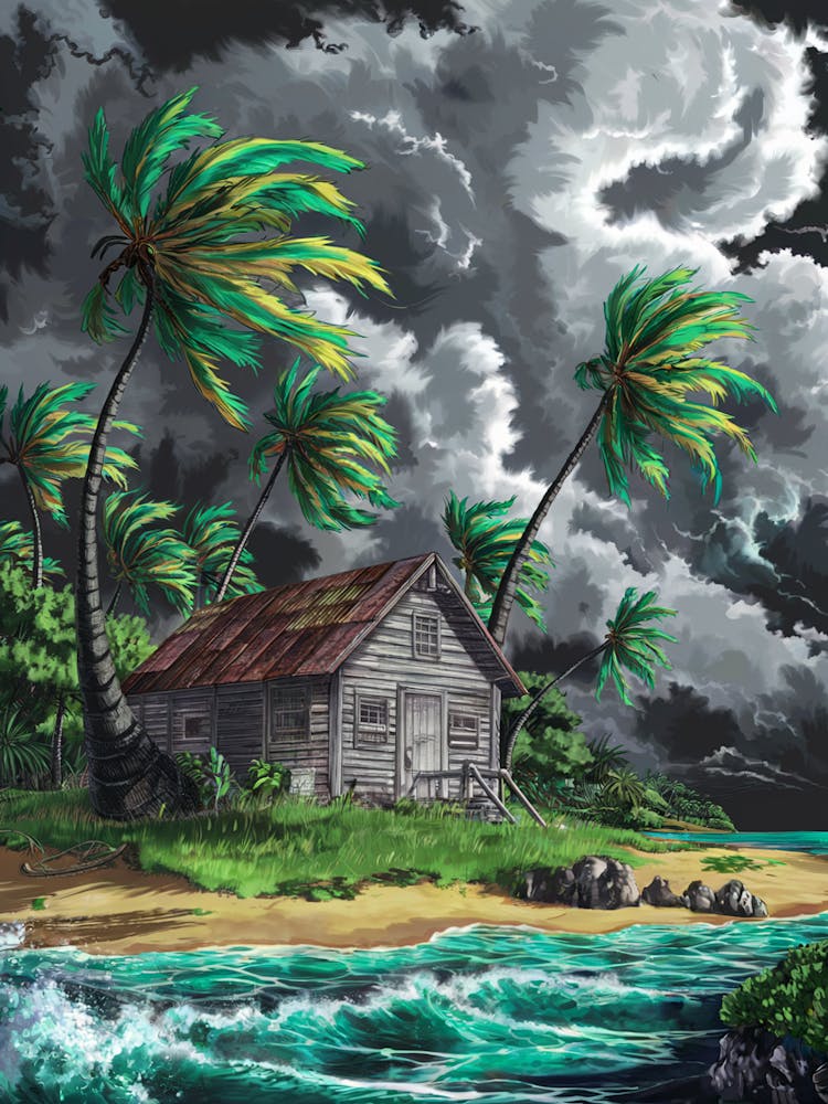 Anime Canvas Art: Dramatic Tropical Island Scene with Rustic Beach Hut and Stormy Sky, Perfect for Coastal Decor and Nature Art Lovers, Lofi.