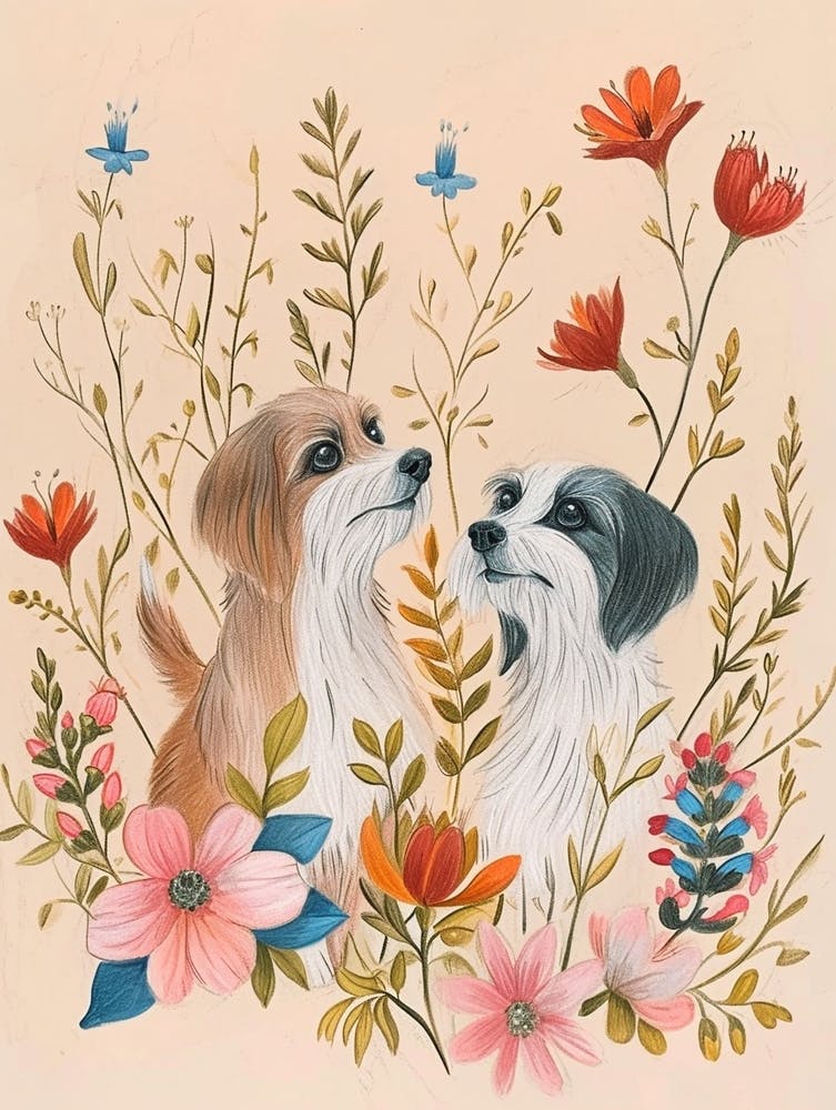 Folksy Floral Animal Drawing Dog 4