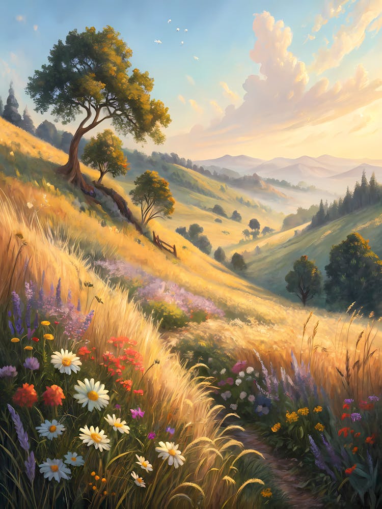 Oil Painting Style Sunlit Wildflower Meadow Hillside Landscape & Trees