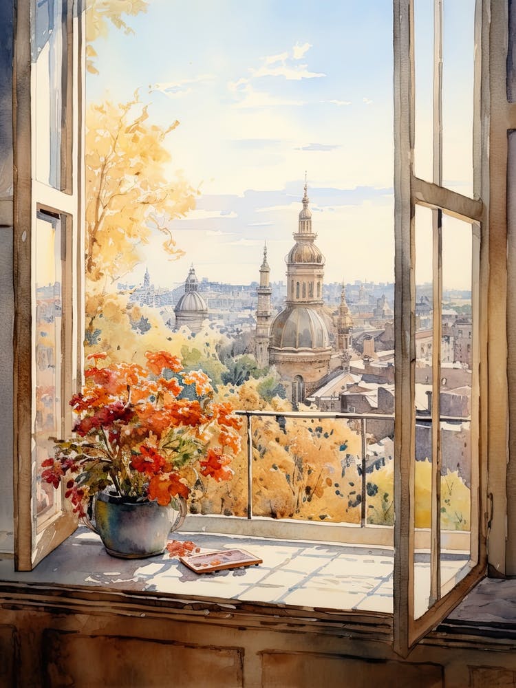 Window View Of Sofia Bulgaria In Autumn Fall, Watercolour 1