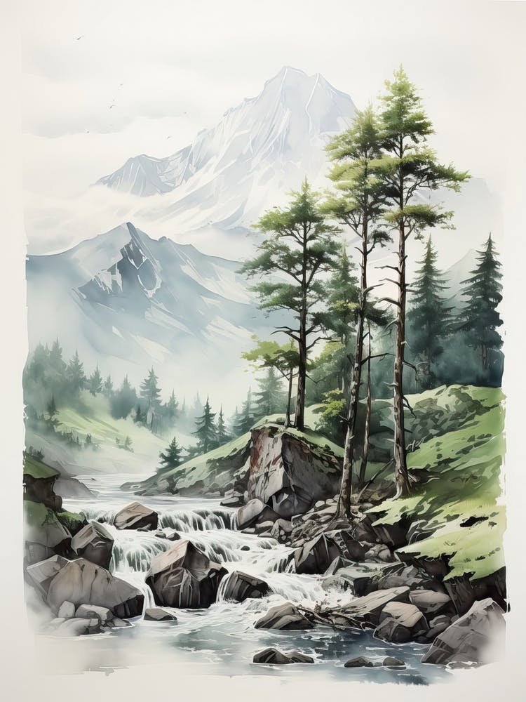 Yatsugatake Mountains In Yamanashi,  Japanese Brush Painting, Sumi E, Minimal  2 